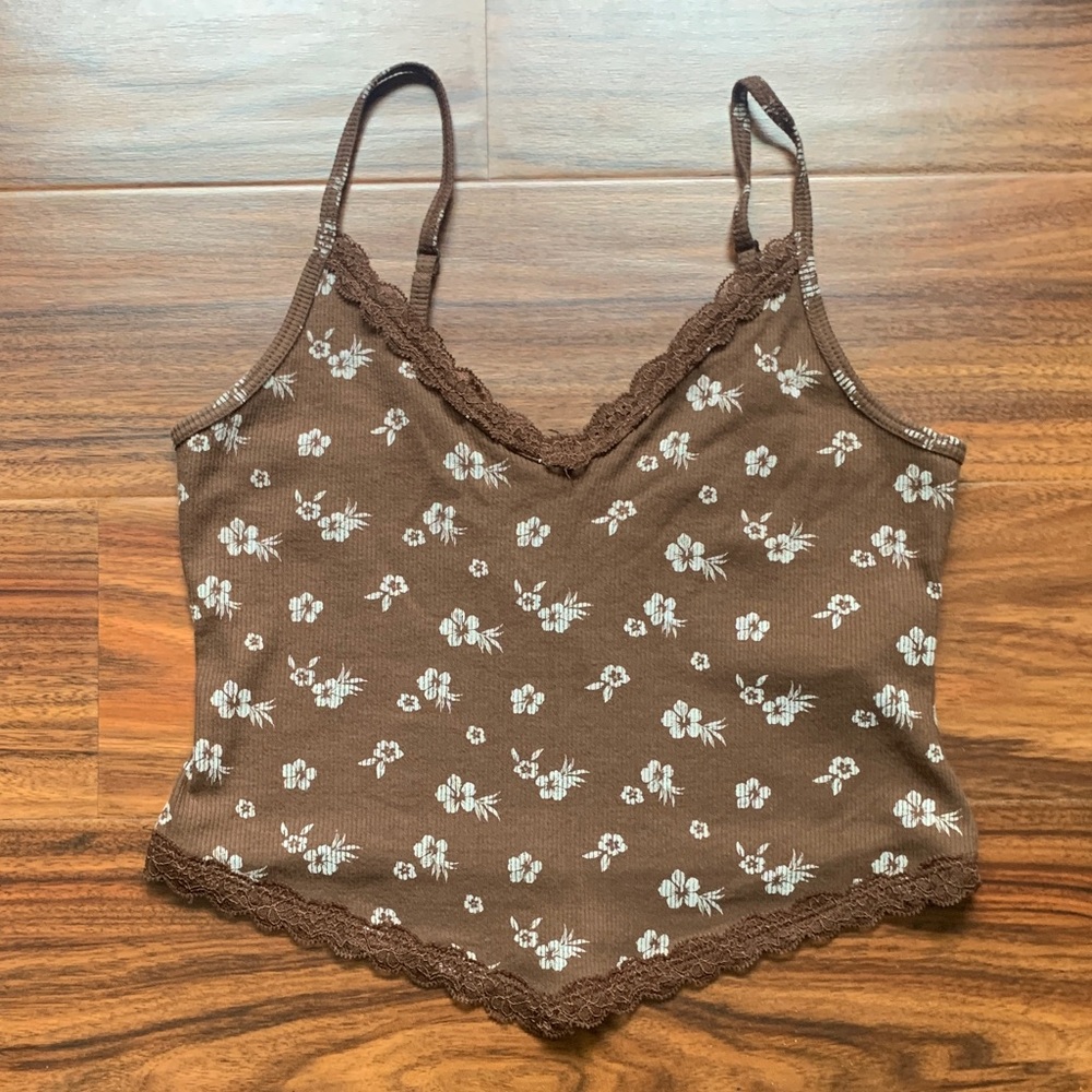 Hollister Brown Floral Lace Trim Crop Top